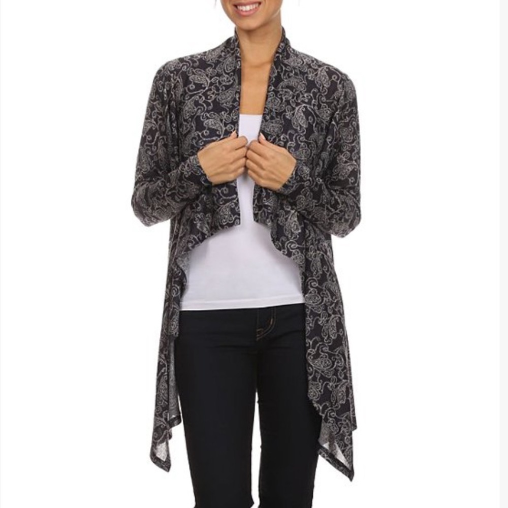 Pretty Young Thing-Navy Paisley Open Cardigan Front angled 30” L- NWT